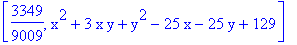 [3349/9009, x^2+3*x*y+y^2-25*x-25*y+129]